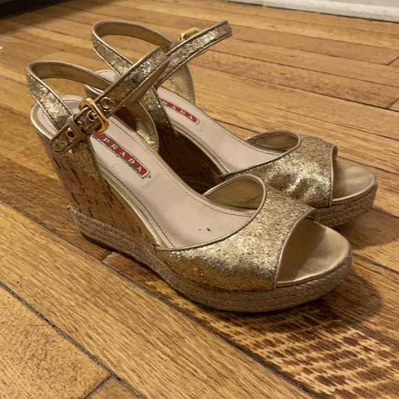 Prada Gold Sequin Wedges Size 37 - Picture 5 of 8